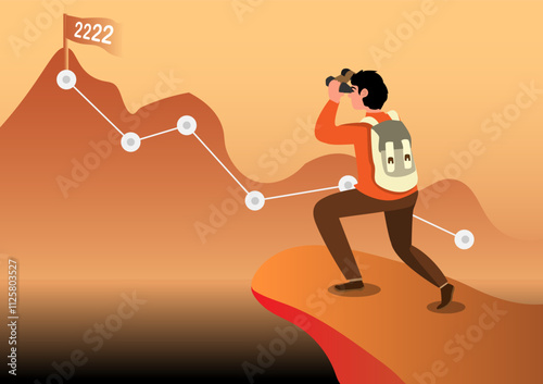 businessman on a boat with binoculars He is looking for new customers and business groups. vector illustration