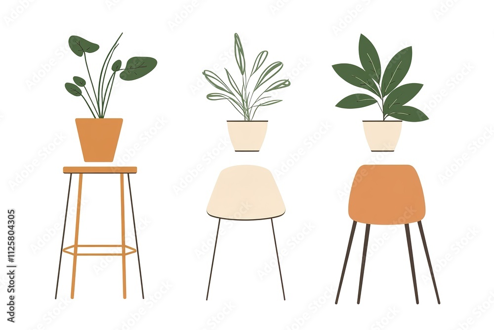 Fototapeta premium Three potted plants sit on three different chairs