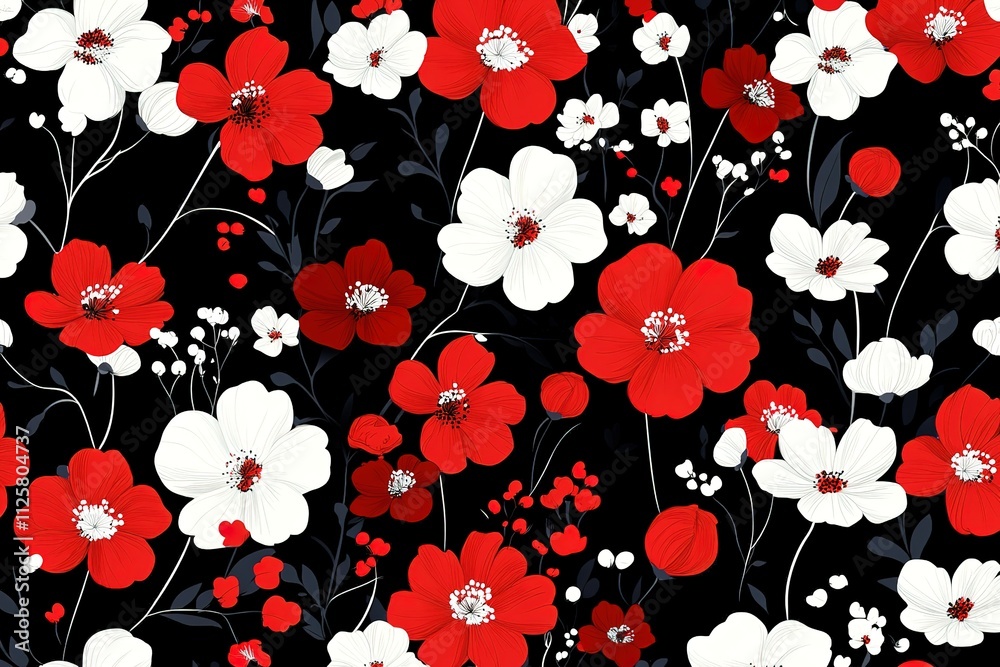 A black and white floral pattern with red and white flowers A black and white floral pattern with red and white flowers