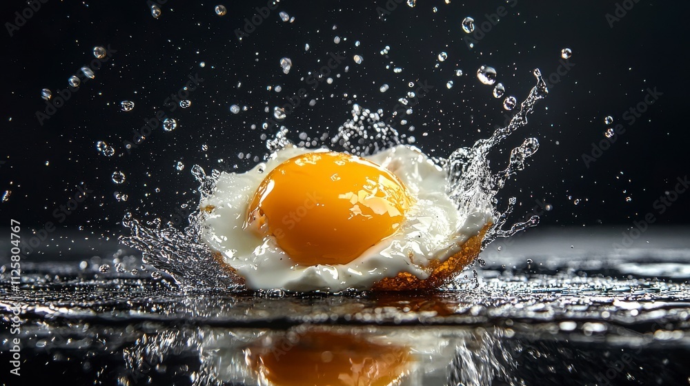 Stunning Macro Shot of Fresh Egg Cracking in Water, Creating a Dynamic Splash with Bright Yellow Yolks and White Albumen, Captured in High Definition Against a Dark Background Stunning Macro Shot of Fresh Egg Cracking in Water, Creating a Dynamic Splash with Bright Yellow Yolks and White Albumen, Captured in High Definition Against a Dark Background