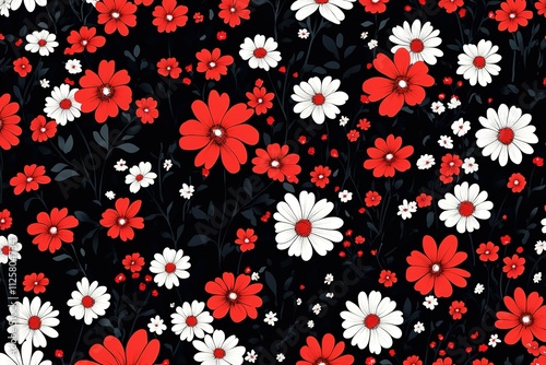 A black and white floral pattern with red and white flowers