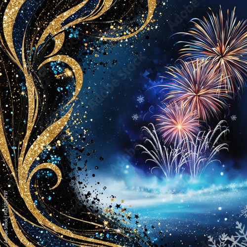abstract gold, black and blue glitter background with fireworks. 1christmas eve. Ai generated