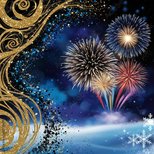 abstract gold, black and blue glitter background with fireworks. 1christmas eve. Ai generated