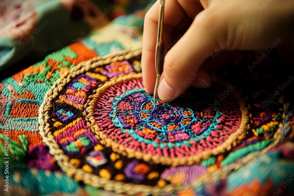 Intricate Hand Embroidery Crafting with Colorful Threads on Textile Art Piece Featuring Detailed Patterns and Designs in Bright Hues Intricate Hand Embroidery Crafting with Colorful Threads on Textile Art Piece Featuring Detailed Patterns and Designs in Bright Hues
