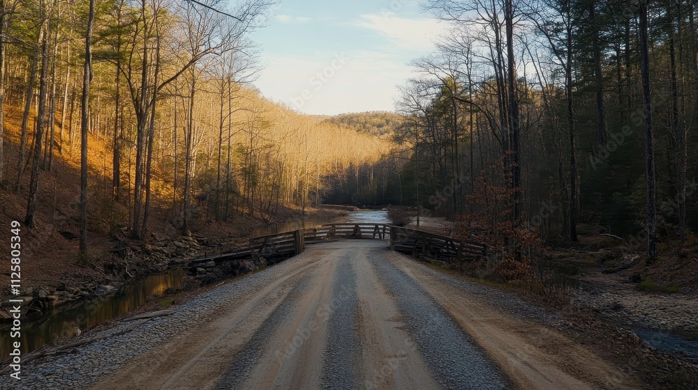 Fototapeta premium Serene Dirt Road Near Tranquil River and Bridge