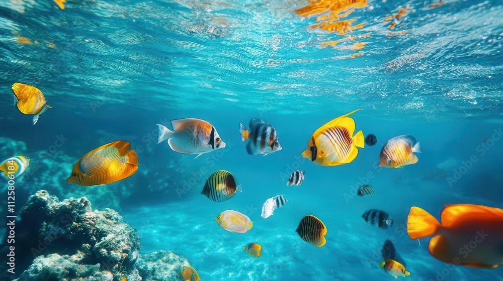 Fototapeta premium A vibrant underwater scene showcasing various colorful fish swimming in clear blue water.