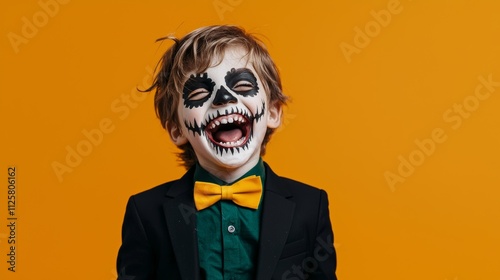 Smiling boy with Halloween face paint dressed in a suit and yellow bow tie against an orange background.