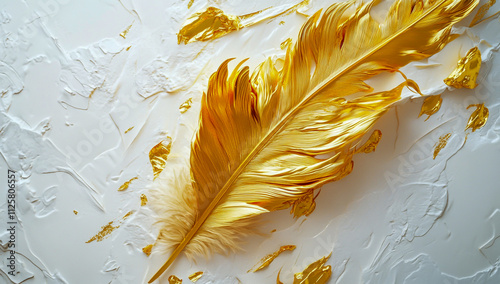 A highly detailed illustration of a gold feather on a white background, created in an intricate, realistic style with an emphasis on texture and light. photo