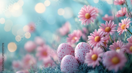 Pastel Easter background, emphasizing soft pinks, blues, yellows, and greens, creating a delicate and dreamy atmosphere.