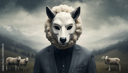 A man wearing a wolf mask concealed by sheep's wool stands amidst a tranquil mountainous pasture. The scene evokes a sense of mystery and deception.