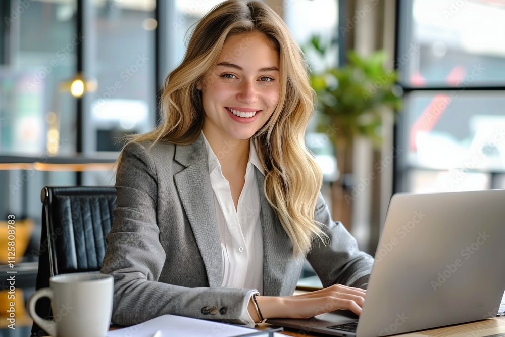 This image portrays a young professional woman displaying a bright smile while working on her laptop in a modern office environment This image portrays a young professional woman displaying a bright smile while working on her laptop in a modern office environment