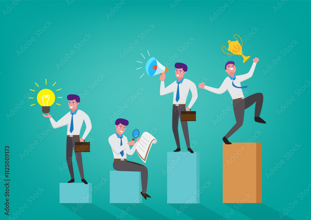 Obraz premium Businessman walking on a bar chart planning each step to success vector illustration