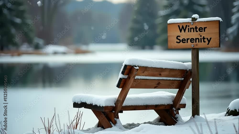 Tranquil snowfall over lakeside winter serenity with wooden bench