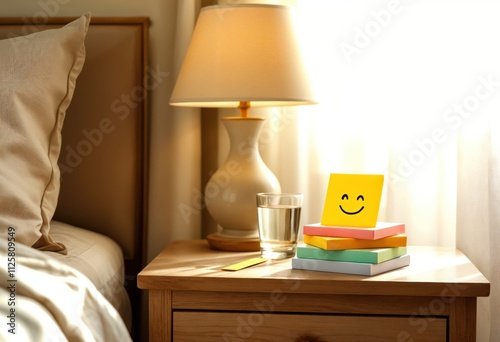 A serene bedroom nightstand with pastel sticky notes, a smiling face note, glass of water, and a glowing lamp, bathed in soft sunlight, radiating warmth and positivity
