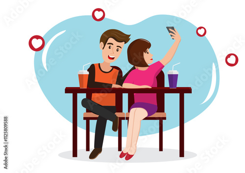 Young couple in a coffee shop taking a selfie on a smartphone