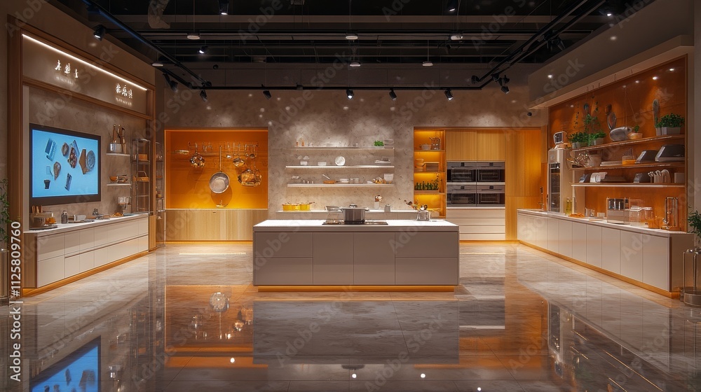 Modern exhibition hall design, showcasing high-quality kitchen utensils on display screens with a technological style atmosphere, highlighting dazzling and innovative cookware and appliances Modern exhibition hall design, showcasing high-quality kitchen utensils on display screens with a technological style atmosphere, highlighting dazzling and innovative cookware and appliances