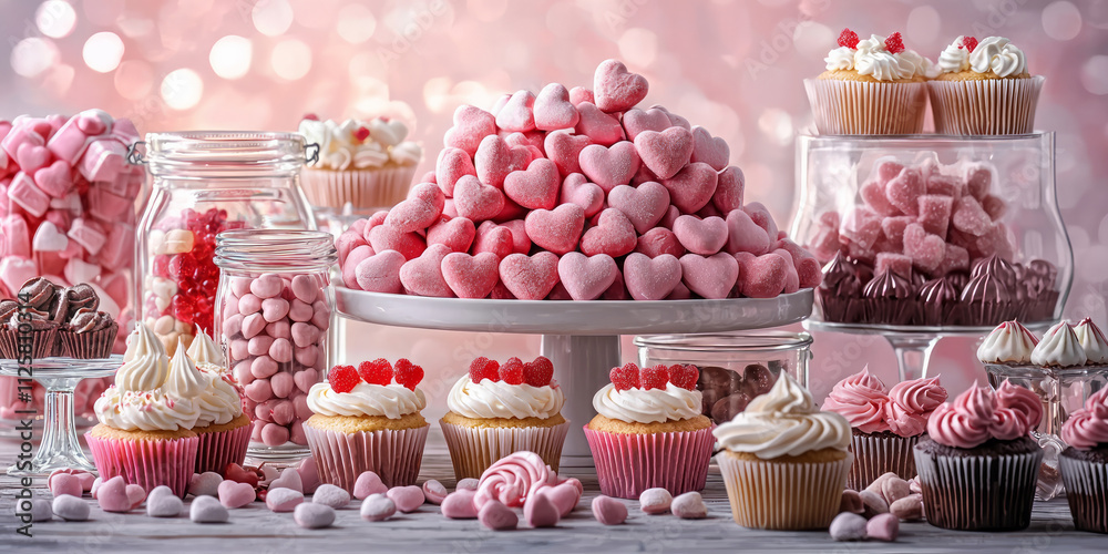 Valentine's Day candy bar with pink and red sweets, cupcakes in shades of white, beige, brown, and light purple, generative AI Valentine's Day candy bar with pink and red sweets, cupcakes in shades of white, beige, brown, and light purple, generative AI
