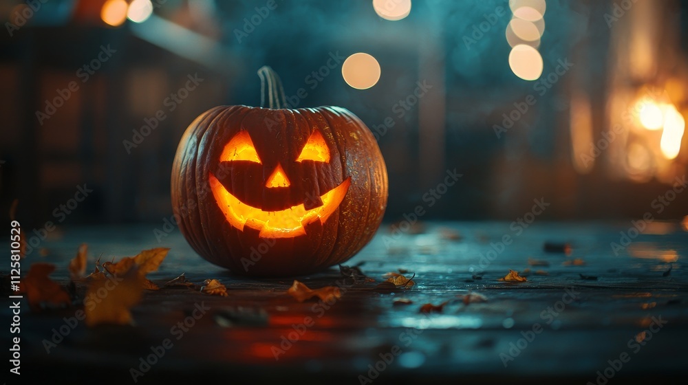 Glowing jack-o'-lantern on a wet wooden surface with blurred festive lights in the background.
