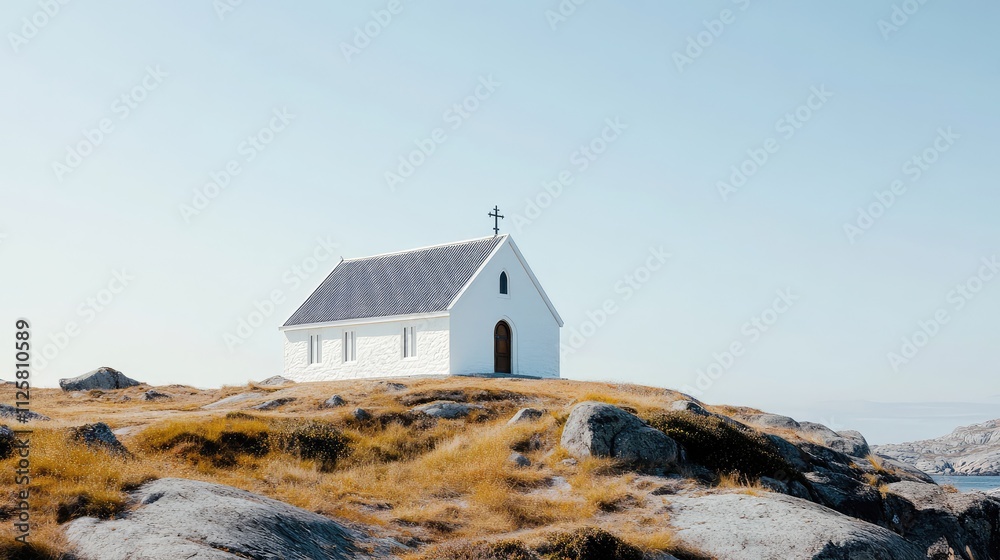 Serene White Church on Rocky Island Surrounded by Calm Water Serene White Church on Rocky Island Surrounded by Calm Water