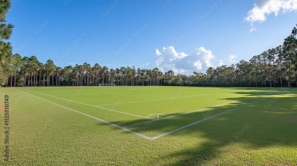 Obraz premium Lush Green Soccer Field Surrounded by Scenic Pines under Clear Sky