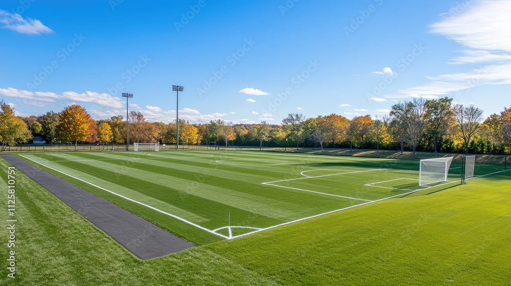 Expansive Soccer Field with Blue Sky and Autumn Foliage Background Expansive Soccer Field with Blue Sky and Autumn Foliage Background