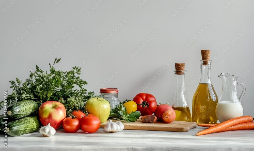 Fresh vegetables, fruits, and oils on a kitchen counter. Fresh vegetables, fruits, and oils on a kitchen counter.