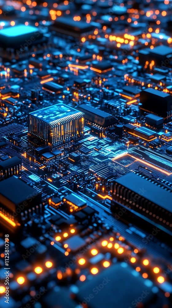 Obraz premium A close-up view of a circuit board with illuminated components and intricate connections.