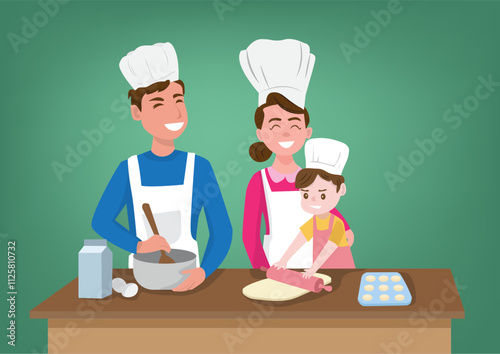 Parents and children preparing a festive cake at the kitchen. family ties vector illustration