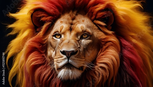 Close-up portrait of a majestic lion with a fiery mane. A powerful and intense gaze captivates.