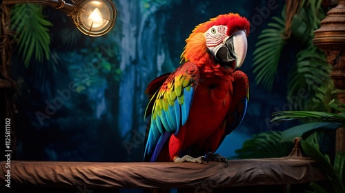 Vibrant Parrot Perched on Wooden Stand in Lush Jungle Setting photo