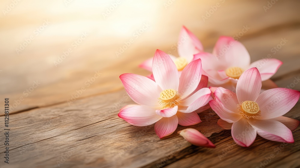 Delicate Pink Lotus Flowers with Soft Lighting on Wooden Surface Delicate Pink Lotus Flowers with Soft Lighting on Wooden Surface