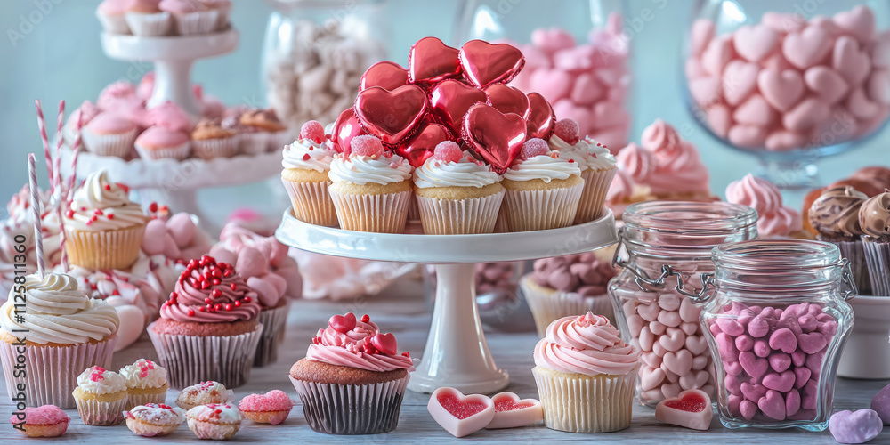 Valentine's Day candy bar with pink and red sweets, cupcakes in shades of white, beige, brown, and light purple, generative AI Valentine's Day candy bar with pink and red sweets, cupcakes in shades of white, beige, brown, and light purple, generative AI