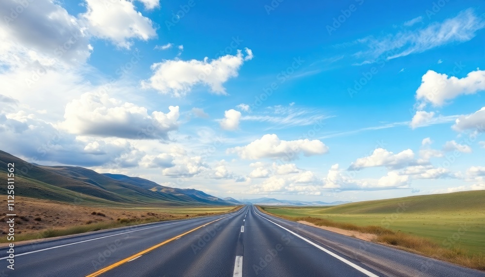 Road background featuring a long, winding highway leading into the horizon, surrounded by rolling hills and a vibrant sky filled with fluffy clouds.