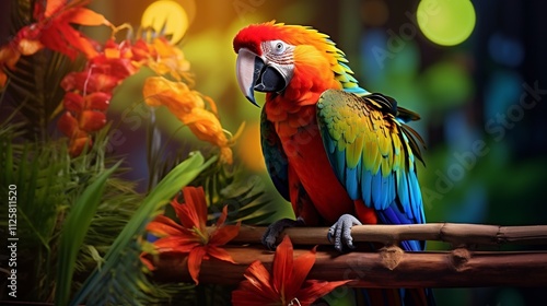 Wallpaper Mural Vibrant Parrot Curiously Perched on Wooden Stand in Lush Jungle Background Torontodigital.ca