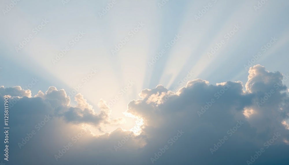 Sky background with realistic clouds in 3D, soft sun rays, and gentle transitions to blue tones Sky background with realistic clouds in 3D, soft sun rays, and gentle transitions to blue tones