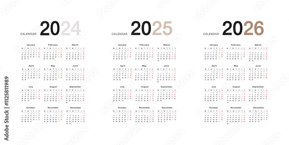 Vetor de Year 2025 and Year 2025 and Year 2026 calendar vector design