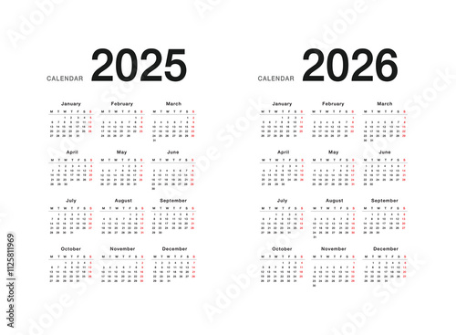 Year 2025 and Year 2026 calendar horizontal vector design template, simple and clean design. Calendar for 2025 and 2026 on White Background for organization and business. Week Starts Monday.