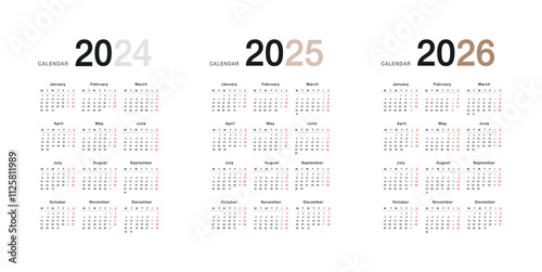 Year 2024 and Year 2025 and Year 2026 calendar vector design template, simple and clean design. Calendar for 2024 and 2025 on White Background for organization and business. Week Starts Monday.