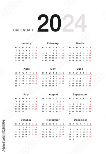 Colorful Year 2024 calendar horizontal vector design template, simple and clean design. Calendar for 2024 on White Background for organization and business. Week Starts Monday.
