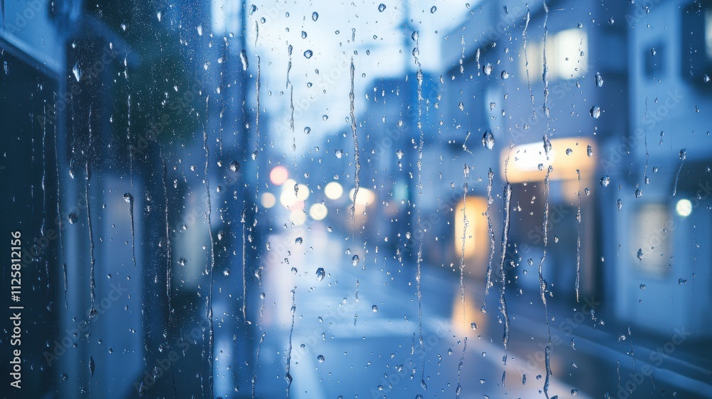 Fototapeta premium Raindrops cling to the window as they obscure the view of a tranquil, empty street in an urban area during a rainy day. Generative AI