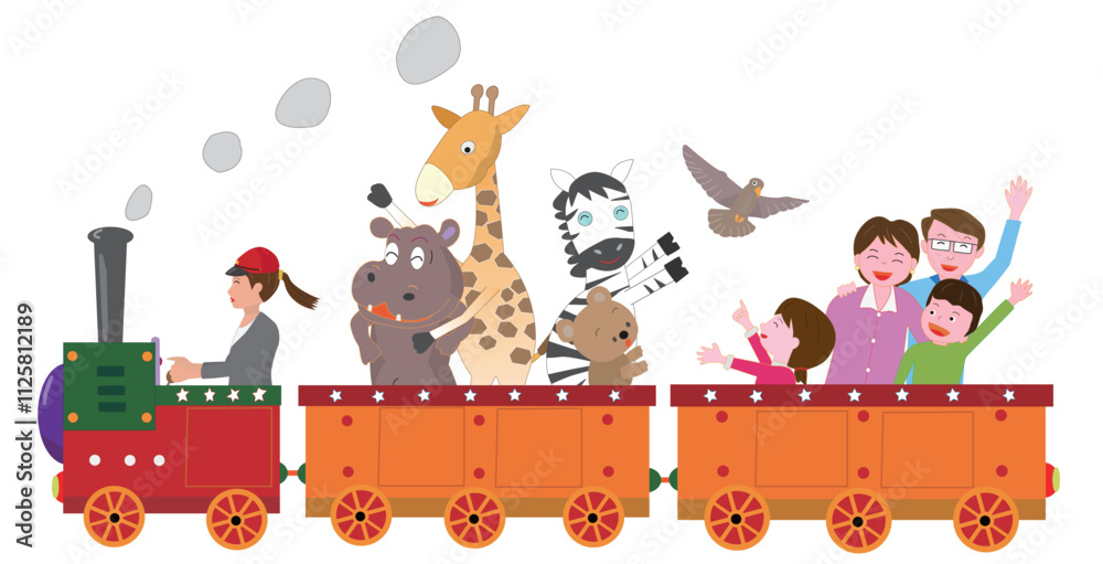 Obraz premium レトロな蒸気機関車に乗って楽しんでいる動物や子供たち。