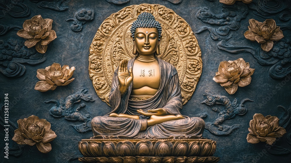 Obraz premium Serene Buddha Statue Surrounded by Intricate Floral Designs and Art