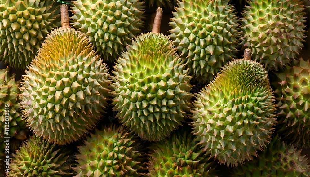 Flat Lay Top View of Bright Ripe Fragrant Green Durian Fruit as Background Flat Lay Top View of Bright Ripe Fragrant Green Durian Fruit as Background