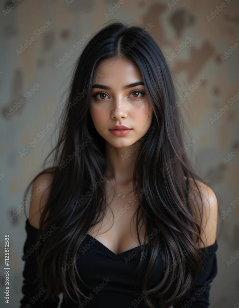 Portrait of an elegant young woman with long, dark hair and subtle, natural make-up. The background is subtle and structured, emphasizing the harmony and beauty of the subject Portrait of an elegant young woman with long, dark hair and subtle, natural make-up. The background is subtle and structured, emphasizing the harmony and beauty of the subject