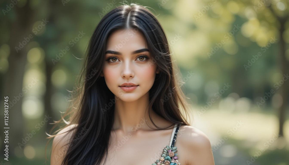 Portrait of an elegant young woman with long, dark hair and subtle, natural make-up. The background is subtle and structured, emphasizing the harmony and beauty of the subject Portrait of an elegant young woman with long, dark hair and subtle, natural make-up. The background is subtle and structured, emphasizing the harmony and beauty of the subject