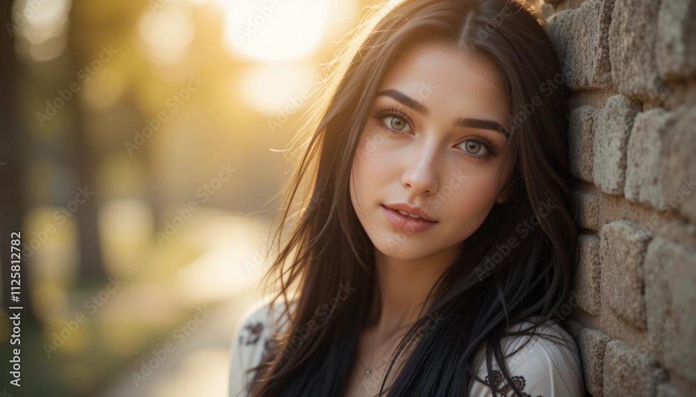 Portrait of an elegant young woman with long, dark hair and subtle, natural make-up. The background is subtle and structured, emphasizing the harmony and beauty of the subject Portrait of an elegant young woman with long, dark hair and subtle, natural make-up. The background is subtle and structured, emphasizing the harmony and beauty of the subject