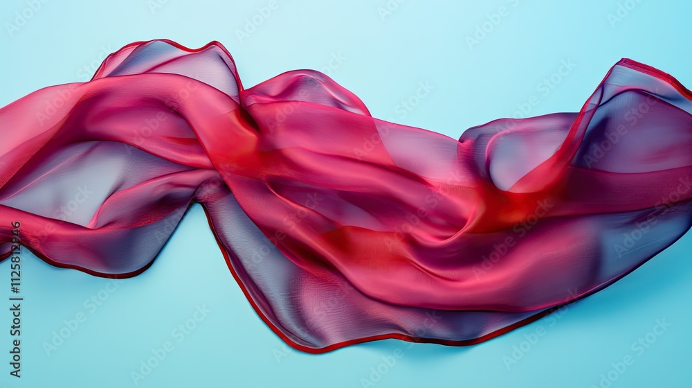 Fototapeta premium Flowing Red Silk Fabric Draped on Blue Background for Textures