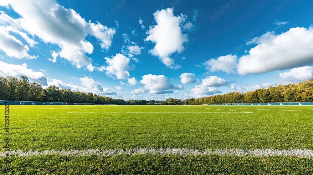 Lush Green Football Field Under Bright Blue Sky with Fluffy Clouds Lush Green Football Field Under Bright Blue Sky with Fluffy Clouds