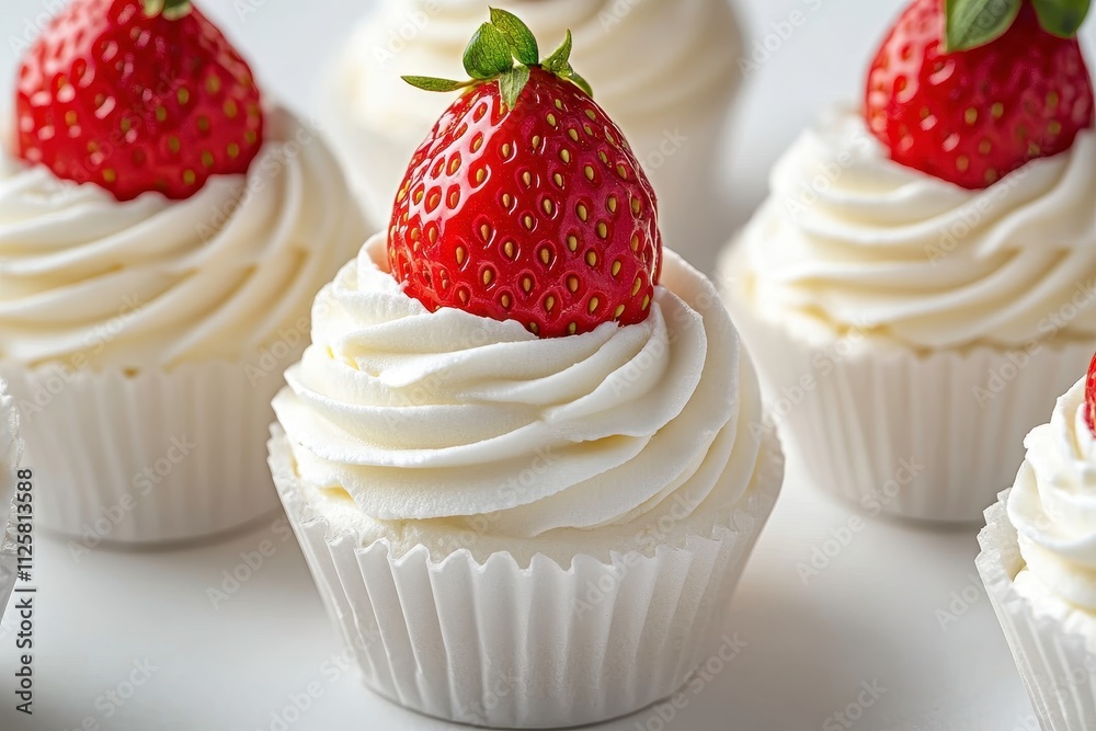 Deliciously Decorated Cupcakes with Whipped Cream and Fresh Strawberries on Top Ideal for Celebrations, Events, and Special Occasions in a Bright Setting Deliciously Decorated Cupcakes with Whipped Cream and Fresh Strawberries on Top Ideal for Celebrations, Events, and Special Occasions in a Bright Setting