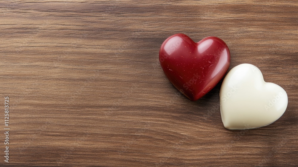 Two Heart Shaped Chocolates on Wooden Background for Romantic Themes Two Heart Shaped Chocolates on Wooden Background for Romantic Themes